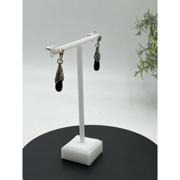 White Gold Posts black dangle earrings Silver tone caps - Picture 2 of 14